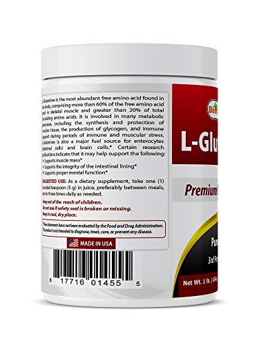 Best Naturals L-Glutamine Powder - 1 Pound - 100% Pure and Free Form - Glutamine Recovery Powder - Clinically Proven Recovery Aid for Men and Women (817716014555)