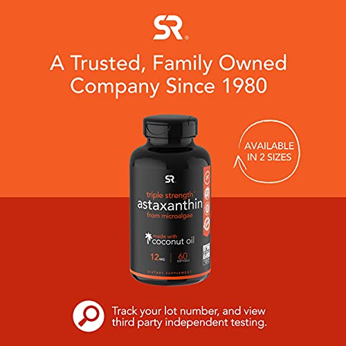 Triple Strength Astaxanthin (12mg) with Organic Coconut Oil | Non-GMO, Soy & Gluten Free - 60 Mini Softgels (2 Month Supply)