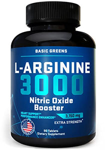 BASIC GREENS L Arginine | Premium L-Arginine Supplement for Men and Women with Nitric Oxide Booster, L-Arginine Workout - High Energy & Stamina, Boost Muscle Size, Faster Muscle Recovery