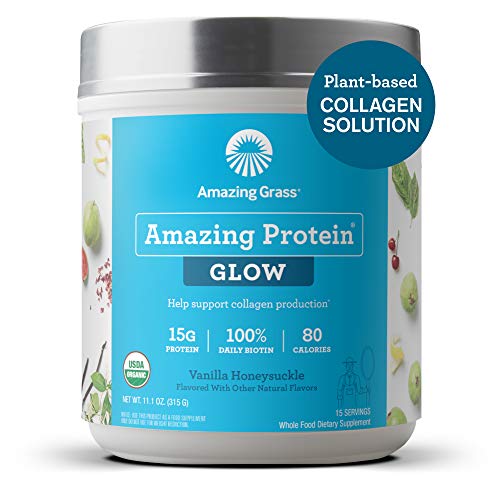 Amazing Grass GLOW Vegan Collagen Support with Biotin and Plant Based Protein Powder, Vanilla Honeysuckle, 15 Servings 11.1 Ounce (Pack of 1)