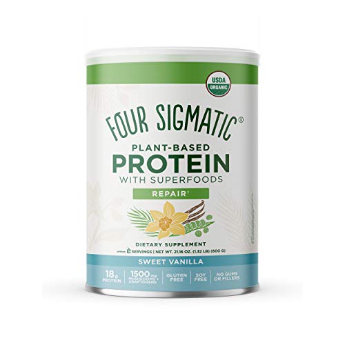 FOUR SIGMATIC Organic Plant-Based Protein with Chaga Mushroom & Ashwagandha -Supports Immune Function & Muscle Repair, Canister/Sweet Vanilla, 1.32 Pound (Pack of 1), 21.16 Oz