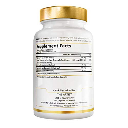 Quercetin, Zinc, Vitamin C, Vitamin D3 5000 IU & Bromelain - Antioxidant & Immune Support Supplement, 1 Month Supply (60 Capsules) - 5 in 1 Daily Immune Support for Adults - Vegan Formula