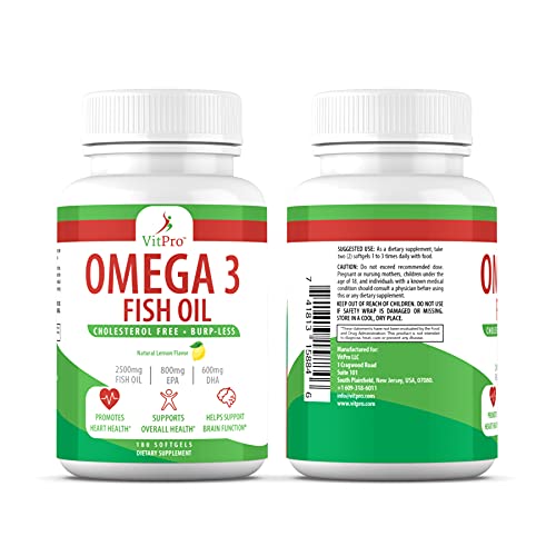 Triple Strength Omega 3 Fish Oil - 2500mg with EPA and DHA, Cholesterol Free, Burp-Less, Joint Support, Promotes Brain & Heart Health, Non-GMO, Natural Lemon Flavor - 180 Softgels | VitPro