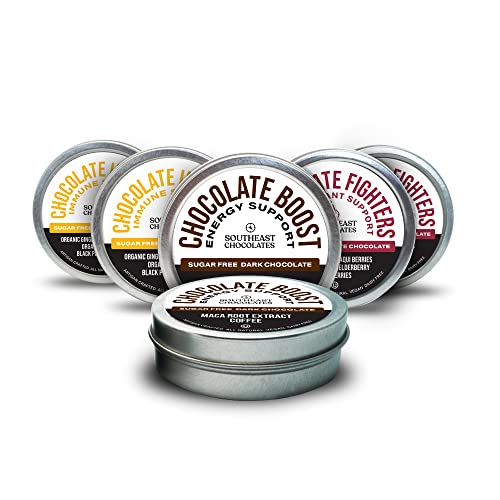 Southeast Chocolates Assorted Pack Sugar Free (Chocolate Booster, Fighter and immunity Energy Bites) – Support Physical Endurance and Memory Concentration – Vegan, Dairy-free, Soy-Free and All Natural (Small Tin 6 Pack/9 Bites ea.)