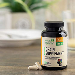 Brain Support Supplement Extra Strength Nootropics 1000mg - Made in USA - Natural Support for Memory, Focus, Concentration, and Clarity with Bacopa Monnieri for Men and Women - 120 Capsules