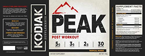 Peak Post Workout - BCAA 2:1:1 by Kodiak Supplements - Creatine - Glutamine - Muscle Recovery and Strength Building Supplement - 30 Servings - Tropical Mango