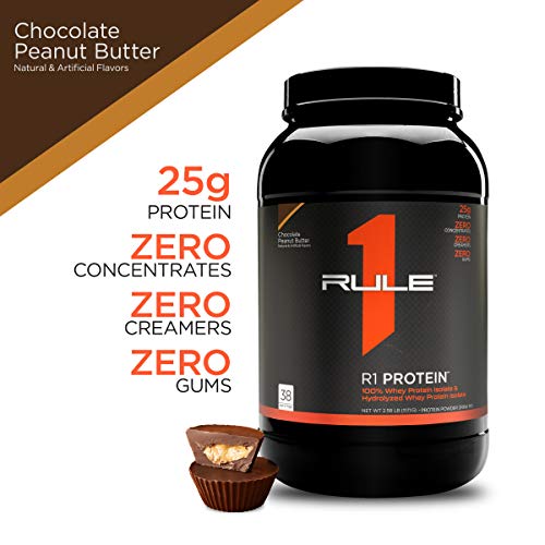 Rule One Proteins, R1 Protein - Chocolate Peanut Butter, 25g Fast-Acting, Super-Pure 100% Isolate and Hydrolysate Protein Powder with 6g BCAAs for Muscle Growth and Recovery, 2.5 Pounds, 38 Servings