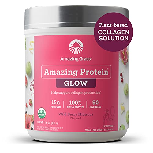 Amazing Grass GLOW Vegan Collagen Support with Biotin, Beet Root & Plant Based Protein Powder, Wild Berry Hibiscus, 15 Servings, 11.6 Ounce (Pack of 1)