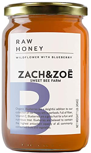 Unfiltered Raw Honey by Zach & Zoe Sweet Bee Farm – Pure Farm Raised Honey Packed with Powerful Anti-oxidants, Amino Acids, Enzymes, and Vitamins! (Blueberry- 16oz)