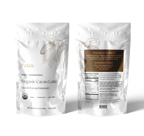 TUSOL Organic Cacao + Ashwagandha Latte Mix - Supports Metabolism, Immunity, and Cellular Health - for Stress and Inflammation - Vegan and Gluten-Free