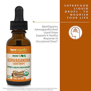 BareOrganics Ashwagandha Root Liquid Drops, Herbal Supplement, Organic Stress Relief Drops