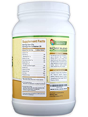 Skinny Jane Skinny Blend | Delicious Plant Based Protein Shake | Vegan Powder | Low Carbs Keto Friendly | Non GMO | No Soy, Gluten, Dairy and Egg Free | BCAAs (Vanilla, 2 Pound)