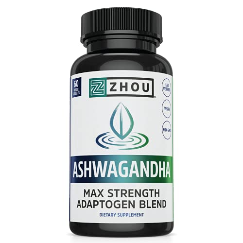 Zhou Nutrition Ashwagandha, Natural Adaptogenic Supplement with Rhodiola, for Stress and Occasional Anxiety Relief, 30 Servings, Multi, 60 Count