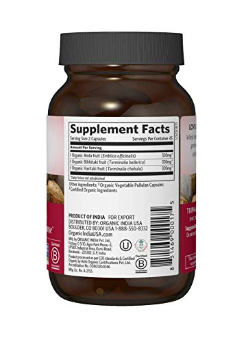 Organic India Triphala Herbal Supplement - Digestion & Colon Support, Immune System Support, Adaptogen, Nutrient Dense, Vegan, Gluten-Free, USDA Certified Organic, Non-GMO - 90 Capsules