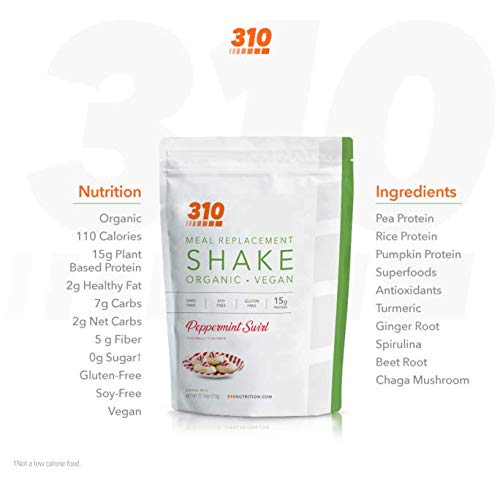 Vegan Organic Plant Protein Powder and Meal Replacement Shake - By 310 Nutrition - Gluten, Dairy and Soy Free - 0g of Sugar | Keto and Paleo Friendly… (Peppermint Swirl, 28 Servings)