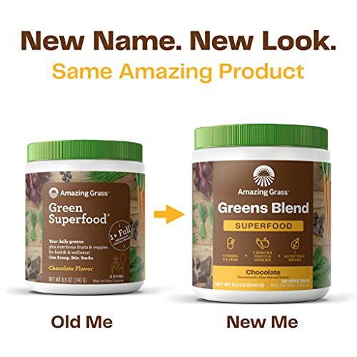 Amazing Grass Greens Blend Superfood: Super Greens Powder with Spirulina, Beet Root Powder, Chlorella, Digestive Enzymes, Prebiotics & Probiotics, Chocolate, 100 Servings (Packaging May Vary)