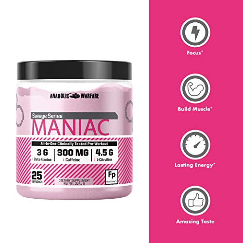 Maniac Pre Workout Powder by Anabolic Warfare – Preworkout Mix to Boost Focus & Energy with Caffeine, Beta Alanine, Lions Mane Mushroom , L Citrulline Powder and Creatine (Fruit Punch - 25 Servings