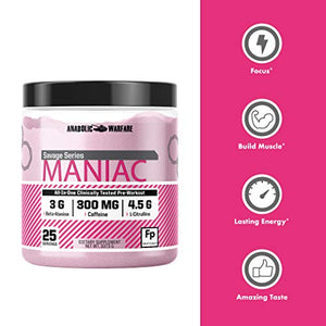 Maniac Pre Workout Powder by Anabolic Warfare – Preworkout Mix to Boost Focus & Energy with Caffeine, Beta Alanine, Lions Mane Mushroom , L Citrulline Powder and Creatine (Fruit Punch - 25 Servings