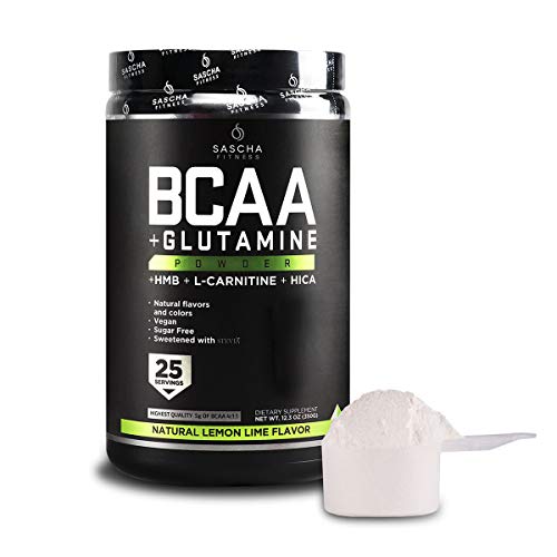 Sascha Fitness BCAA 4:1:1 + Glutamine,HMB,L-Carnitine,HICA | Powerful and Instant Powder Blend with Branched Chain Amino Acids (BCAAs) for Pre, Intra and Post-Workout | Natural Lemon Lime Flavor,350g