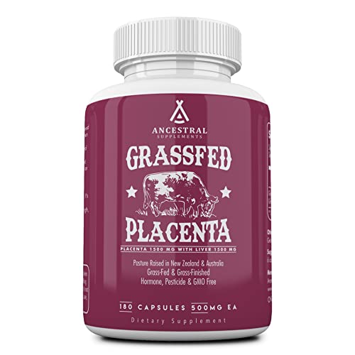 Ancestral Supplements Grass Fed Placenta (with Liver) — After Birth, Nursing, Menopause & Dry Skin Support (180 Capsules)