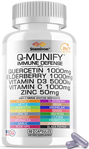 Quercetin Zinc Vitamin C Bromelain Supplement Immune Support Defense w Vit D3 5000IU Elderberry 1000mg Artemisinin Sea Moss Turmeric Ginger Probiotics Echinacea Garlic Nettle Reishi L Lysine -USA 60ct
