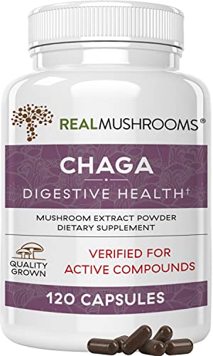 Real Mushrooms Chaga Capsules for Digestive Health and Immune Support (120ct) Vegan, Non-GMO Chaga Extract Supplements, Verified Levels of Beta-Glucans