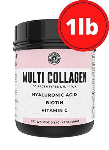 Collagen with Biotin, Hyaluronic Acid, Vitamin C, 1 lb Powder. Hydrolyzed Multi Collagen Peptide Protein. Types I, II, III, V, X, Collagen for Hair, Skin, Nails*. Collagen Supplement for Women, Men