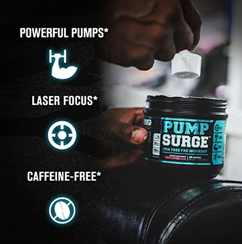 PUMPSURGE Caffeine Free Pump & Nootropic Pre Workout Supplement - Non Stimulant Preworkout Powder & Nitric Oxide Booster - 20 Servings, Strawberry Lemonade Flavor