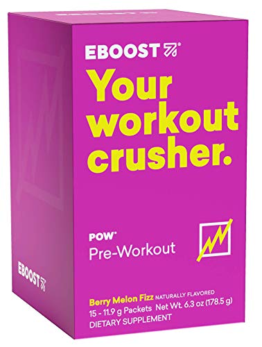 EBOOST POW Natural Pre-Workout – 15 Packets - Berry Melon Fizz - Pre Workout Supplement for Performance, , Energy, Focus - Men Women - Non-GMO, Gluten-Free, No Creatine