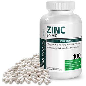 Bronson Zinc 50mg Complex (Zinc Oxide 50% & Zinc Picolinate 50%) High Potency Immune Support Supplement & Antioxidant and Skin Health - Non GMO, 100 Vegetarian Capsules