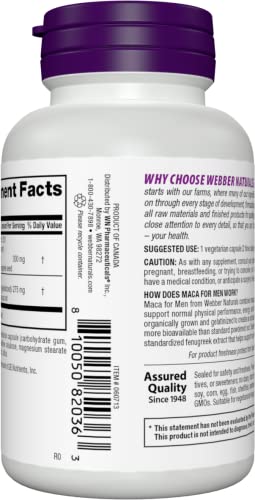 Webber Naturals Maca for Men, 1,650 mg of Organic Maca and 9,990 mg of Fenugreek Per Pill, 60 Vegetarian Capsules, Supports Energy and Mood, Gluten Free, Non-GMO, Suitable for Vegans