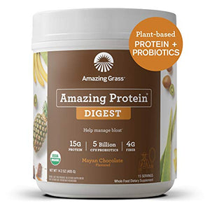 Amazing Grass DIGEST Vegan Protein Powder, Plant Based with Probiotics + Fiber to Manage Bloat, Mayan Chocolate, 15 Servings, 14.2 Ounce (Pack of 1)