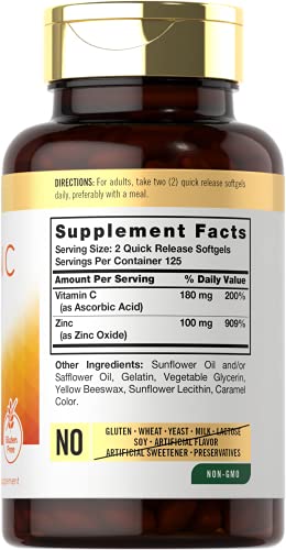 Vitamin C with Zinc | 280mg | 250 Softgels | Non-GMO and Gluten Free Formula | Value Size | Bioavailable Supplement | Ascorbic Acid and Zinc Oxide | by Carlyle