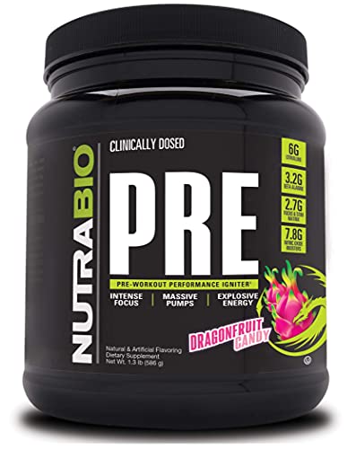 NutraBio PRE Workout Powder - Sustained Energy, Mental Focus, Endurance - Clinically Dosed Formula - Beta Alanine, Creatine, Caffeine, Electrolytes - 20 Servings - Dragonfruit Candy