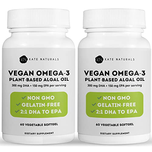 Vegan Omega-3 Softgels by Kate Naturals (2-Pack). Algal Oil Softgels to Support Brain Function & Cognition. Omega 3 Fish Oil Alternative. 300 DHA & 150 EPA. (2-Pack)