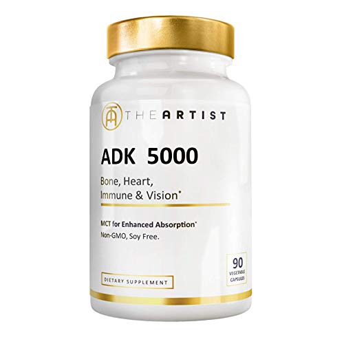 Vegan ADK Vitamin Supplement (5,000 IU I 90 Capsules) w/MCT Oil for Max Absorption - Heart, Bones and Immune Support - Vitamins A, D3 5,000 IU, K1, K2 (MK7 and MK4) - No Soy Non-GMO Gluten Free