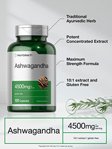 Ashwagandha Capsules | 4500 mg | 120 Count | Maximum Strength | 2 Month Supply | Non-GMO & Gluten Free | by Horbaach