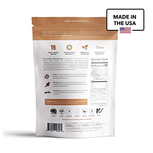Sprout Living's Epic Protein, Plant Based Protein & Superfoods Powder, Chocolate Maca Powder | 19 Grams Organic Protein Powder, Vegan, Non Dairy, Non-GMO, Gluten Free, Low Sugar (1 Pound, 13 Servings)