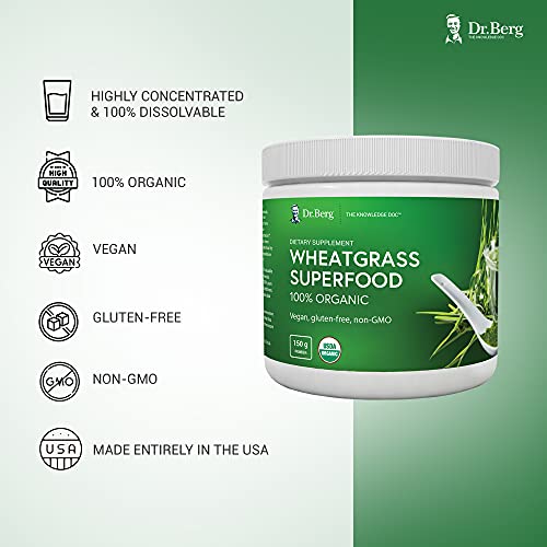 Dr. Berg's Wheatgrass Superfood Powder - Raw Juice Organic Ultra-Concentrated Rich in Vitamins & Nutrients - Chlorophyll & Trace Minerals - 60 Servings - Gluten-Free Non-GMO - 5.3 oz (1 Pack)
