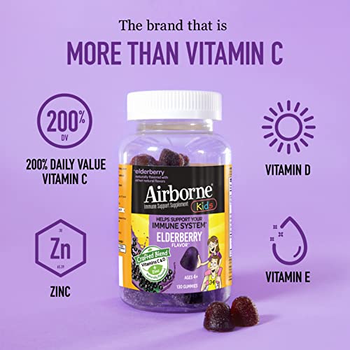 Airborne Elderberry + Zinc & Vitamin C Gummies For Kids, Immune Support Zinc Gummies with Powerful Antioxidants Vit C D & E - (130 count bottle), Delicious Elderberry Flavor