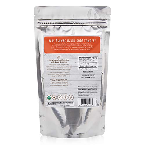 Super Organics Ashwagandha Powder | Organic Superfood Powder | Raw Superfoods | Whole Food Supplement – Vegan, Non-GMO & Gluten-Free, 8 oz