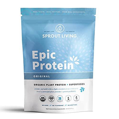Sprout Living, Epic Protein, Plant Based Protein & Superfoods Powder, Original, Unflavored | Organic Protein Powder, Vegan, Non Dairy, Non-GMO, Gluten Free, Sugar Free, Perfect Keto Drink Mix (1 lb)