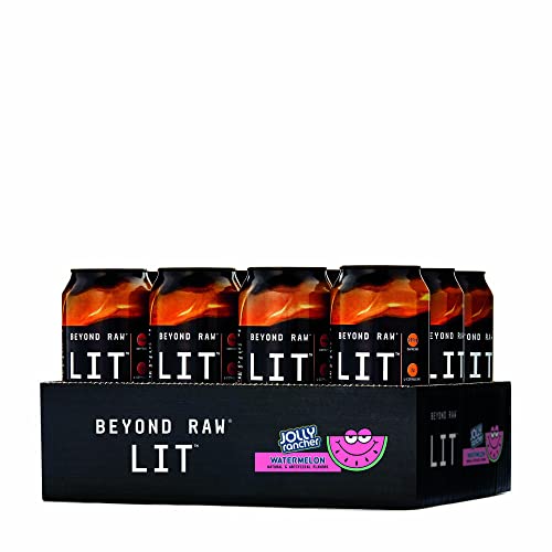 Beyond Raw Lit On-The-Go | Ready to Drink Cans | Contains Caffeine, L-Citruline, and Beta-Alanine | Nitrix Oxide Preworkout Supplement | Jolly Rancher Watermelon | 12 Cans