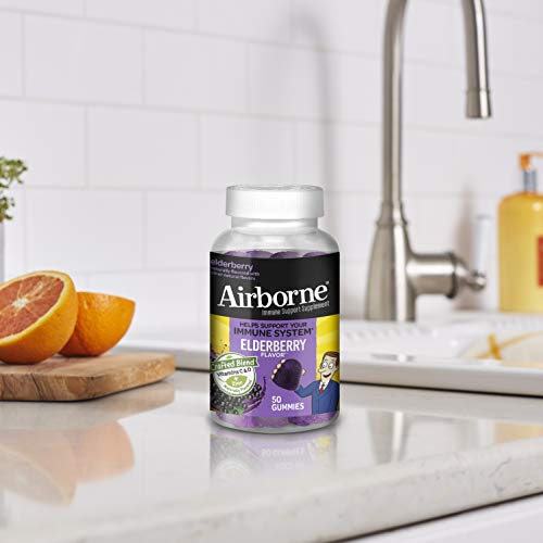 Airborne Elderberry + Zinc & Vitamin C Gummies For Adults, Immune Support Zinc Gummies with Powerful Antioxidants Vit C D & E - (50 count bottle), Delicious Elderberry Flavor