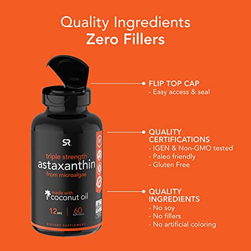 Triple Strength Astaxanthin (12mg) with Organic Coconut Oil | Non-GMO, Soy & Gluten Free - 60 Mini Softgels (2 Month Supply)