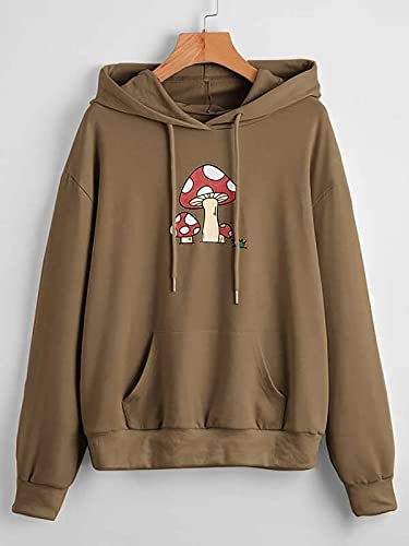 Meladyan Women Mushroom Graphic Print Hoodie Pullover Drop Shoulder Thin Terry Loose Fit Hooded Sweatshirt Jumper Shirt Mocha Brown