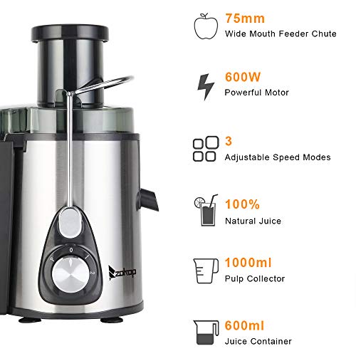 American Standard J02 110V 600W 75MM Large Caliber 600ML Juice Cup 1000ML Slag Cup Double Gear Electric Juicer Stainless Steel Black