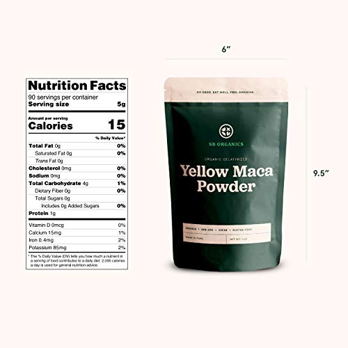 SB Organics Gelatinized Yellow Maca Powder - 1 lb Bag of Organic Non-GMO Vegan Peruvian Maca Root Powder - Free of Gluten, Dairy, and Soy