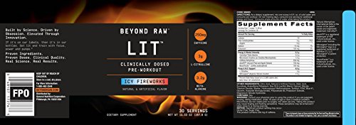 Beyond Raw LIT | Clinically Dosed Pre-Workout Powder | Contains Caffeine, L-Citruline, and Beta-Alanine, Nitrix Oxide and Preworkout Supplement | Icy Fireworks | 30 Servings