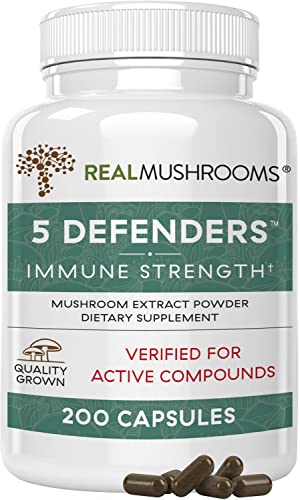 Real Mushrooms 5 Defenders Mushroom Supplements for Immune Support (200ct) Promote Better Overall Wellbeing w/ Chaga, Shiitake, Maitake, Turkey Tail, & Reishi Mushroom | Vegan, Non-GMO